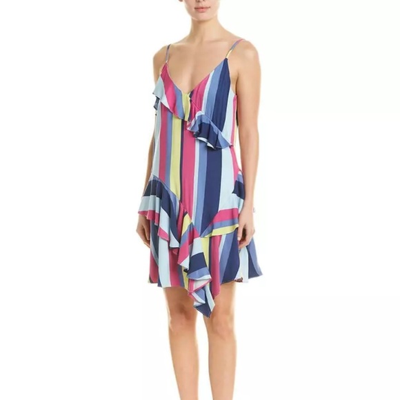 PARKER Sleeveless Asymmetric Ruffe Trimmed Striped‎ Dress size Medium Colorblock - Picture 1 of 10